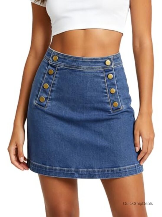 Dresses & Skirts - High Waist A-Line Denim Mini Skirt with Front Button Panel